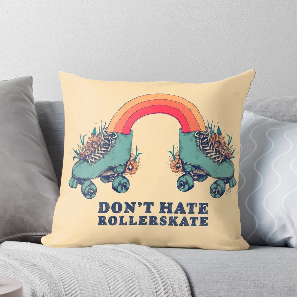 Retro 70s illustration of a person rollerskating with a vibrant floral and rainbow design on a Pillow POD product