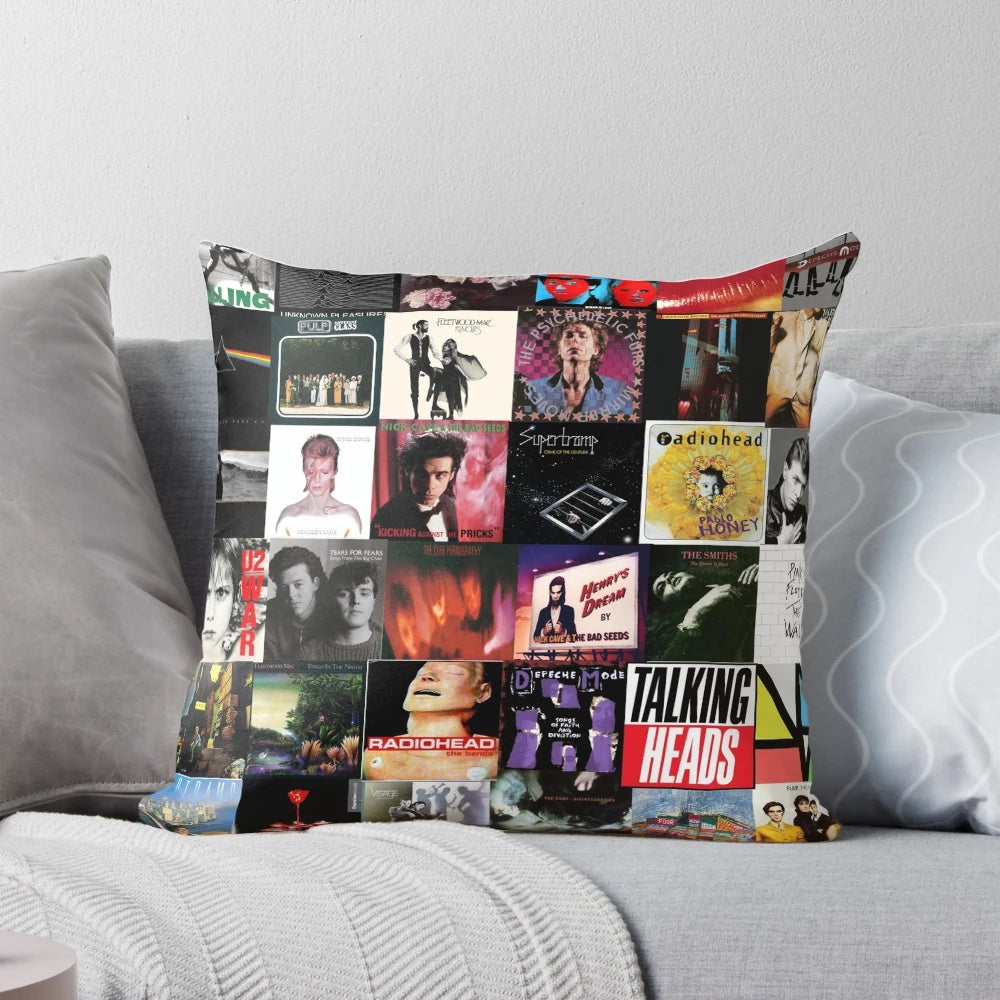 Retro 80s album art design printed on a decorative throw pillow