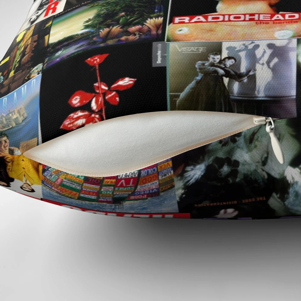 Retro 80s album art design printed on a decorative throw pillow
