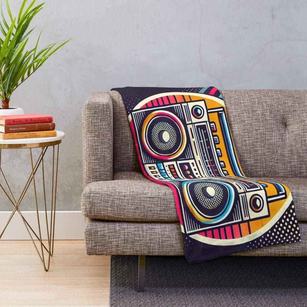 Retro 80s boombox plush blanket with minimalist design