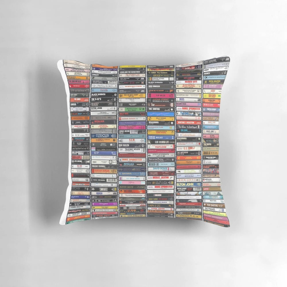 Retro 1980s music album cover art printed on a decorative throw pillow