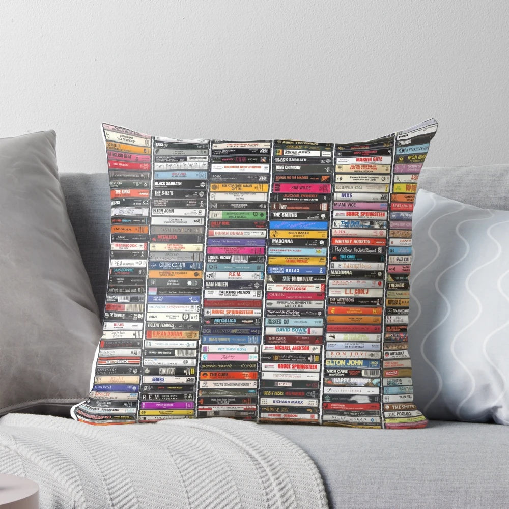 Retro 1980s music album cover art printed on a decorative throw pillow