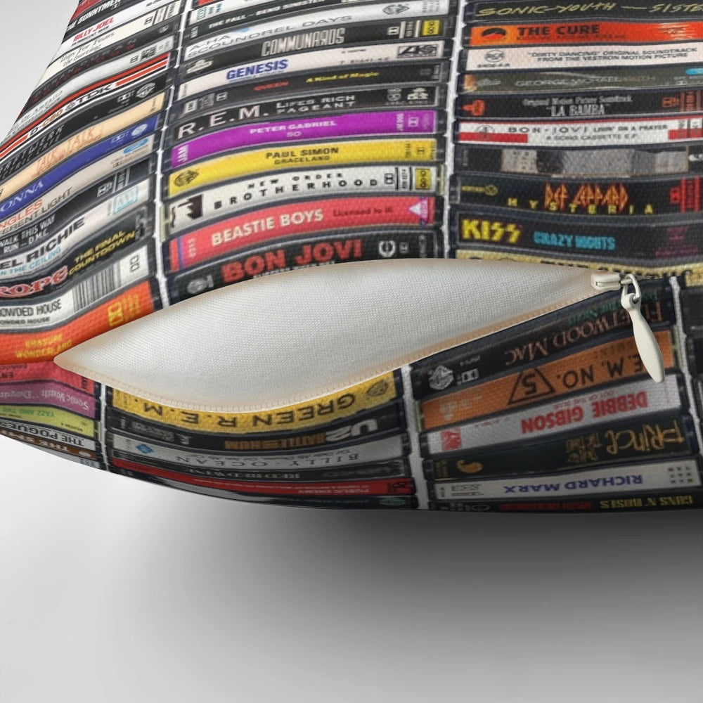 Retro 1980s music album cover art printed on a decorative throw pillow