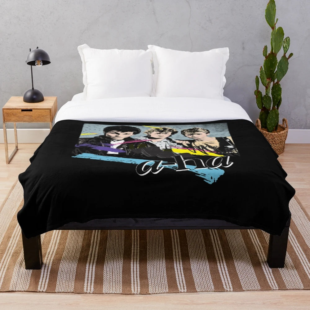 Plush blanket featuring the iconic 80s band A-ha in a retro style design