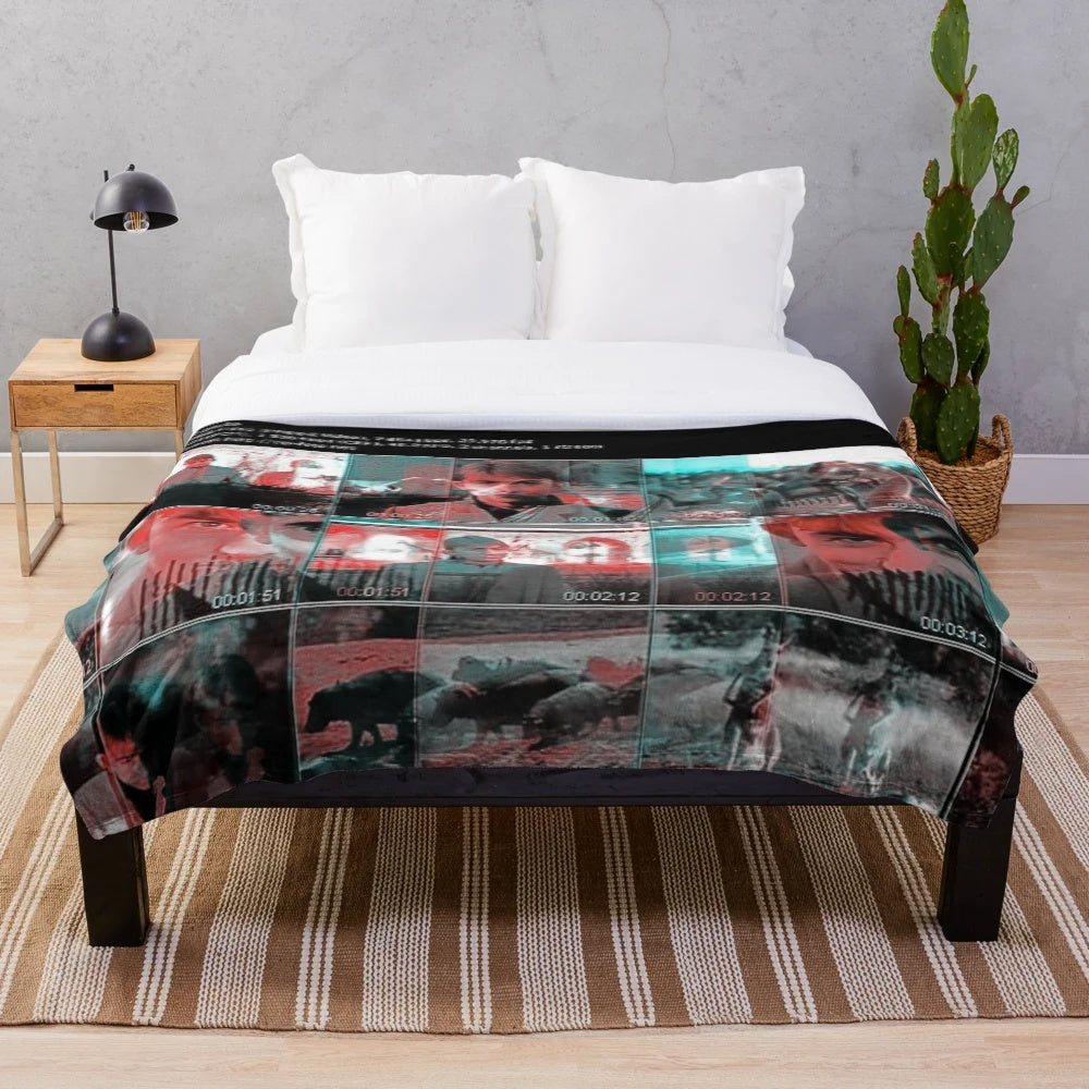 Plush blanket with 1980s British pop and alternative music design