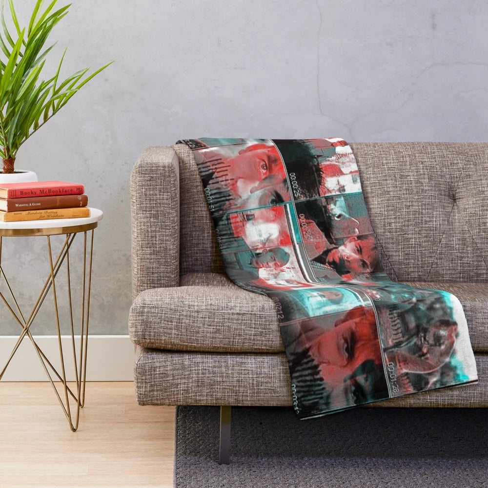 Plush blanket with 1980s British pop and alternative music design