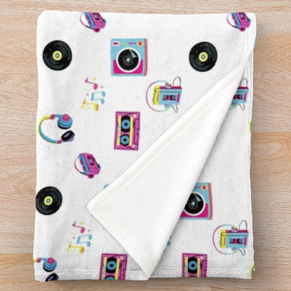 Retro 80s plush blanket with vintage music and record player design
