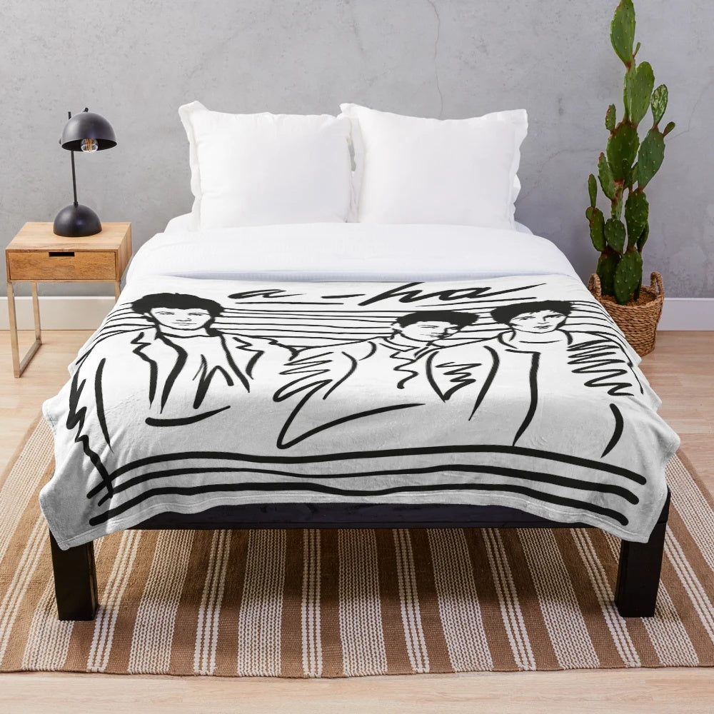 Retro 80s style plush blanket with Take On Me sketch design