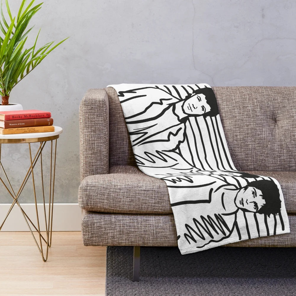 Retro 80s style plush blanket with Take On Me sketch design