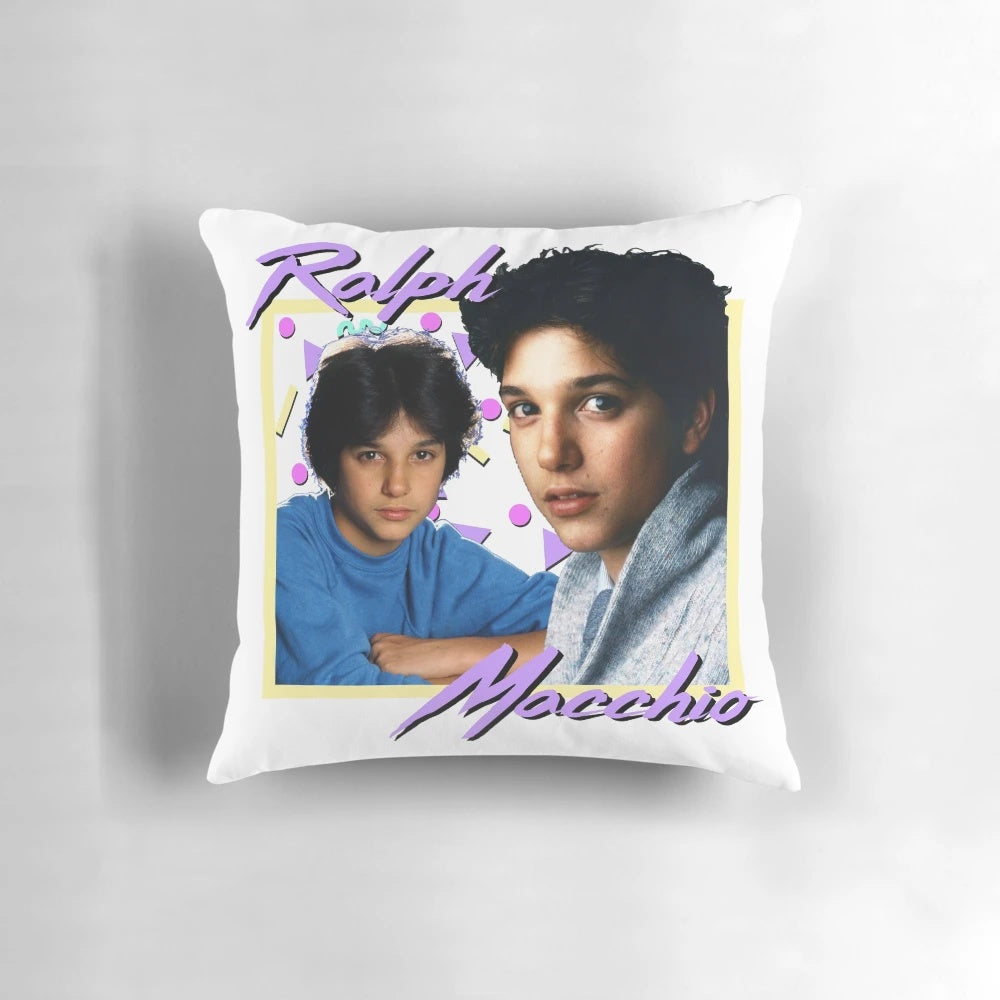 Retro 80s inspired Ralph Macchio pillow featuring the iconic Karate Kid and The Outsiders characters