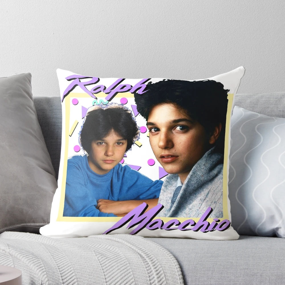 Retro 80s inspired Ralph Macchio pillow featuring the iconic Karate Kid and The Outsiders characters