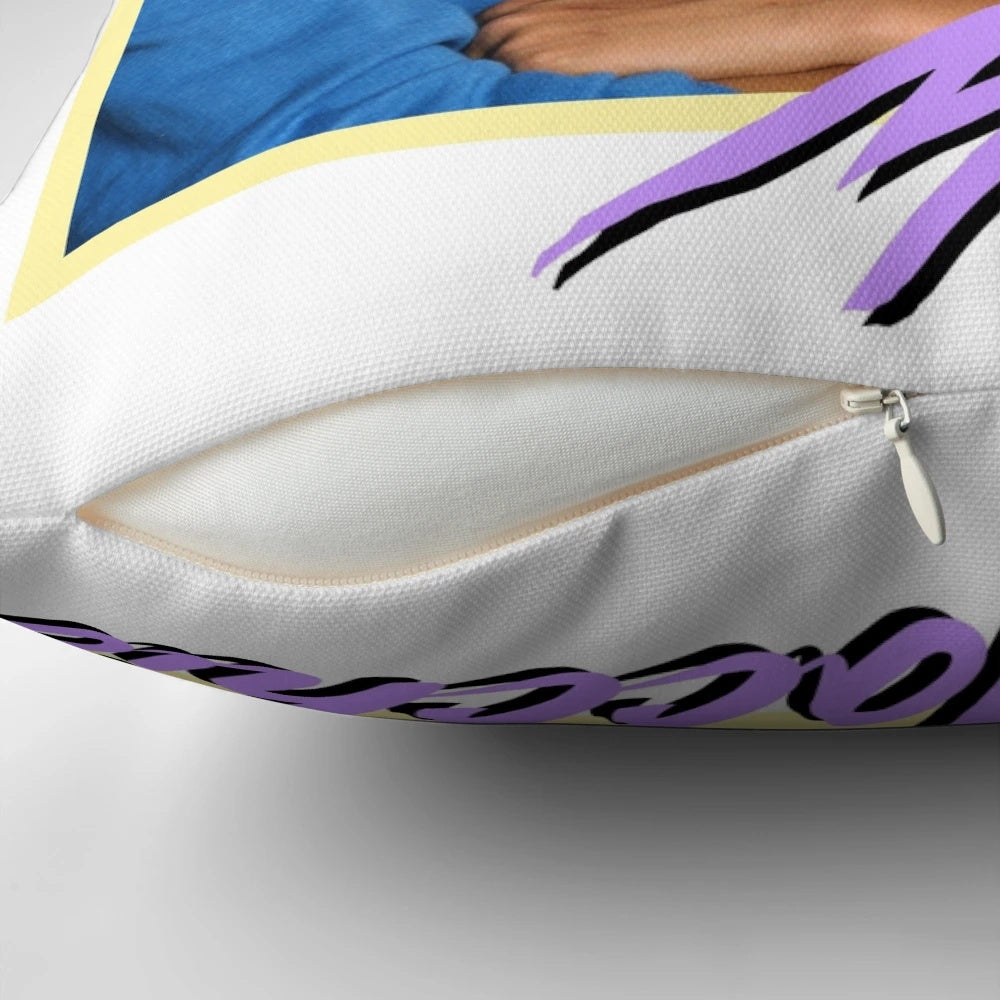 Retro 80s inspired Ralph Macchio pillow featuring the iconic Karate Kid and The Outsiders characters