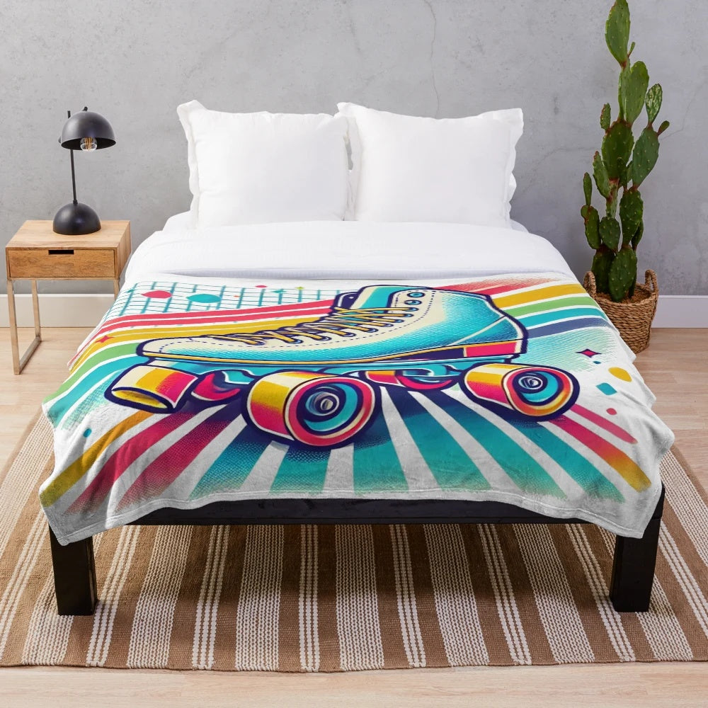Vintage 80s roller skate plush blanket with vibrant, colorful design