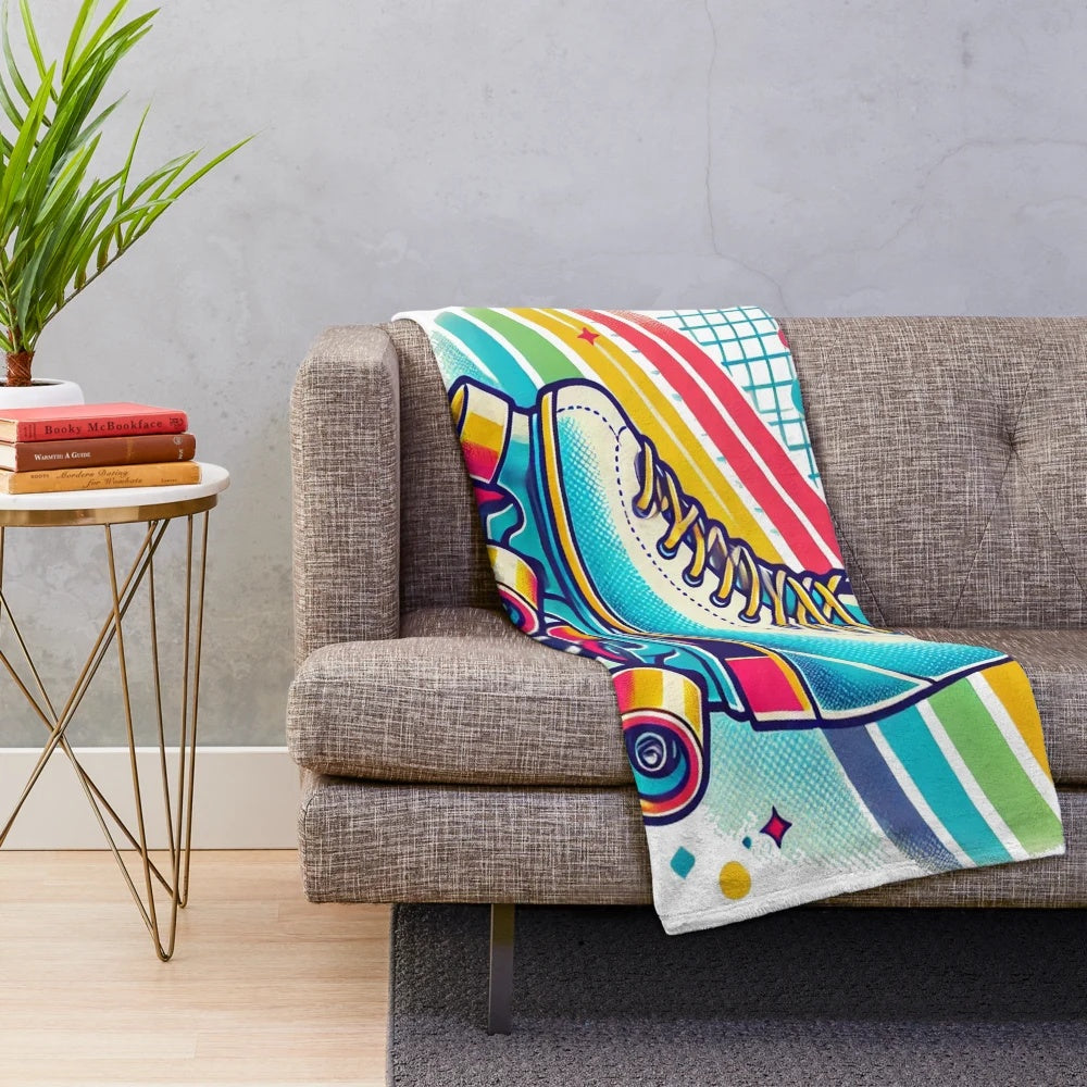 Vintage 80s roller skate plush blanket with vibrant, colorful design