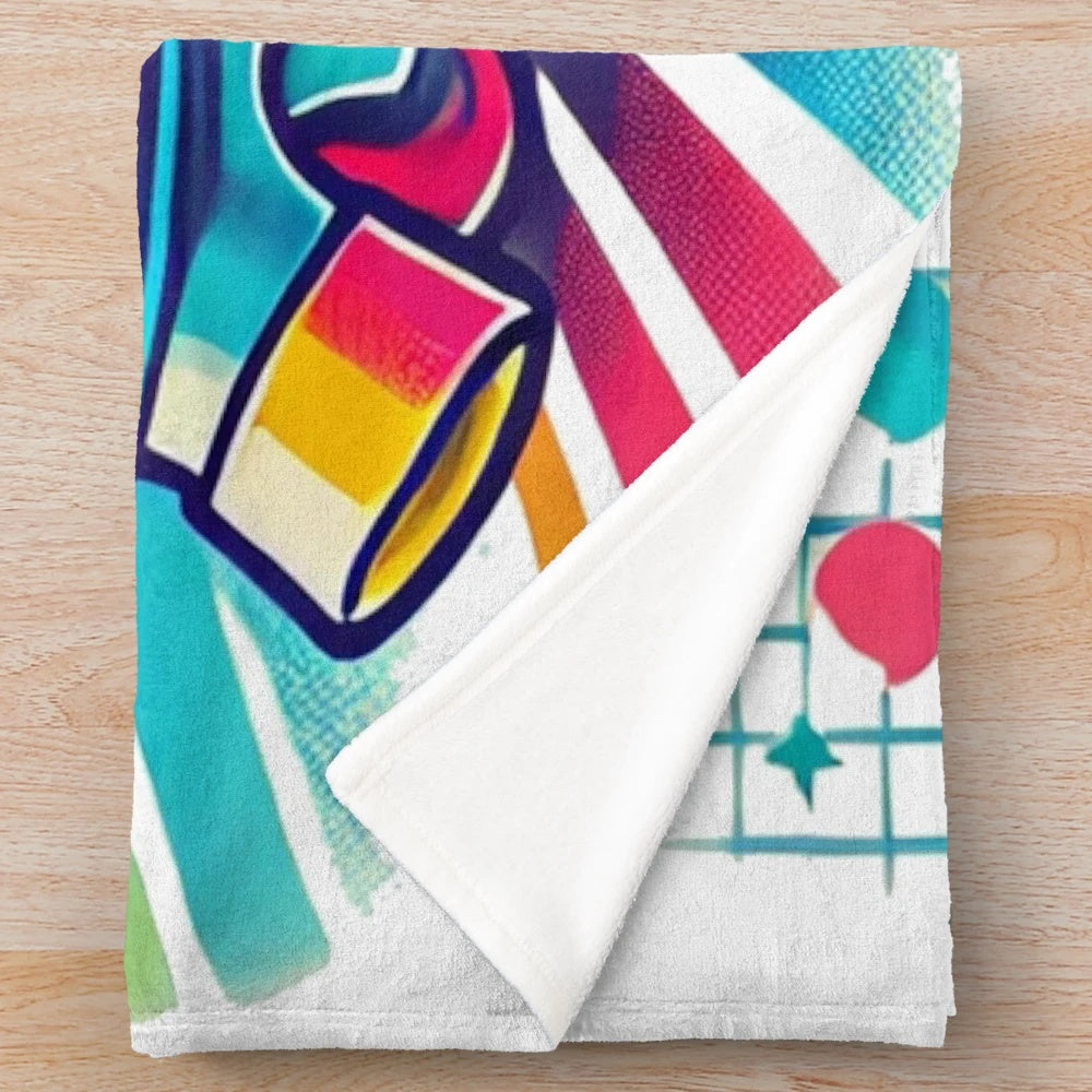 Vintage 80s roller skate plush blanket with vibrant, colorful design