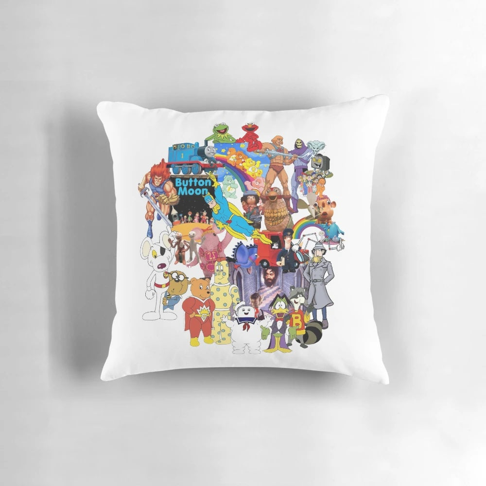 Retro 1980s kids television show-themed throw pillow with bright, colorful graphics
