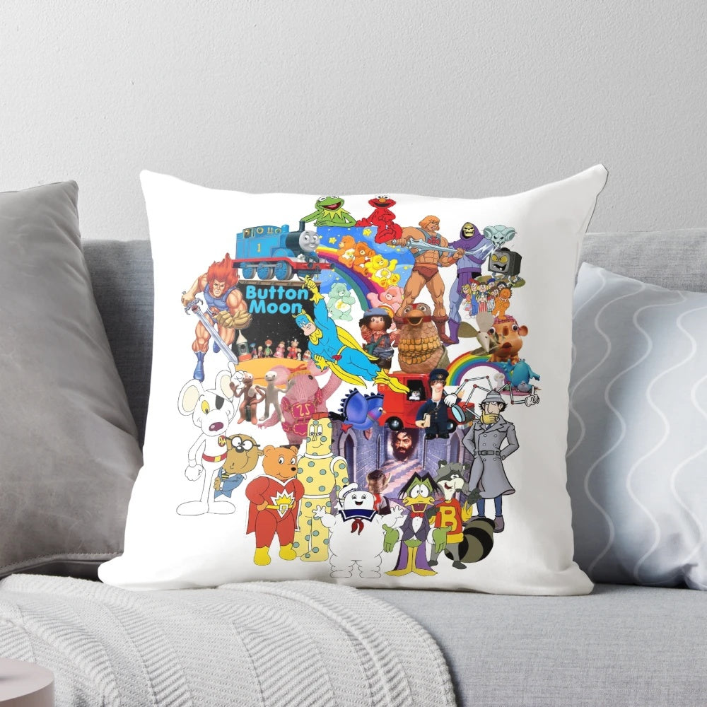 Retro 1980s kids television show-themed throw pillow with bright, colorful graphics