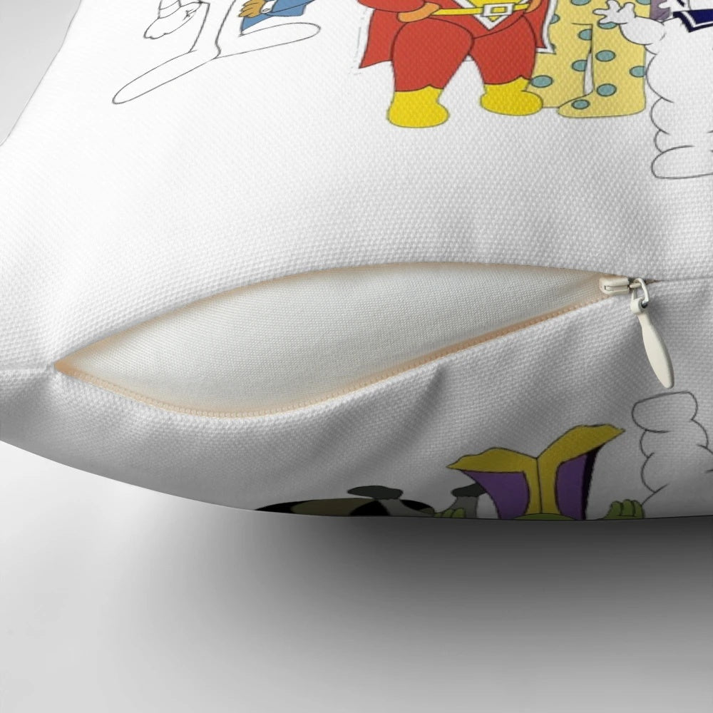 Retro 1980s kids television show-themed throw pillow with bright, colorful graphics