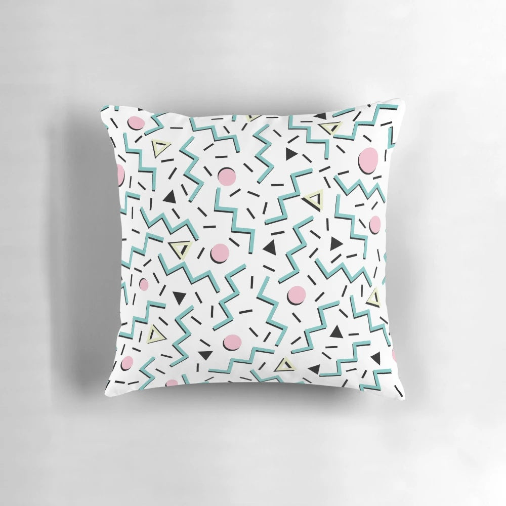 Retro 80s Memphic pattern design pillow with a vibrant, funky color scheme