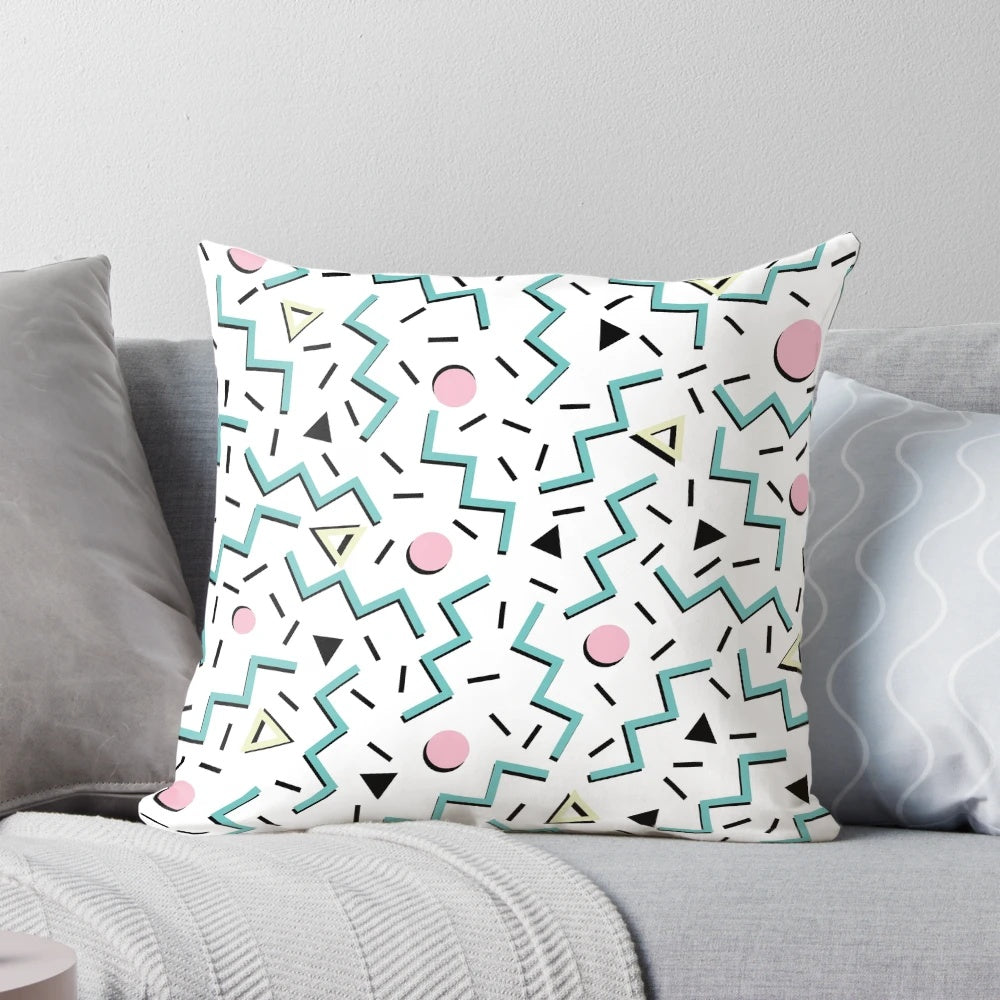 Retro 80s Memphic pattern design pillow with a vibrant, funky color scheme