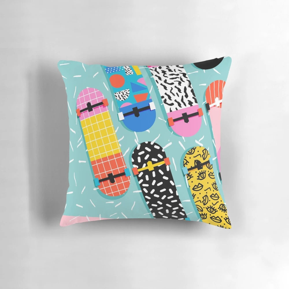 Retro 80s Memphis pattern skateboard design pillow - Vintage sports home decor