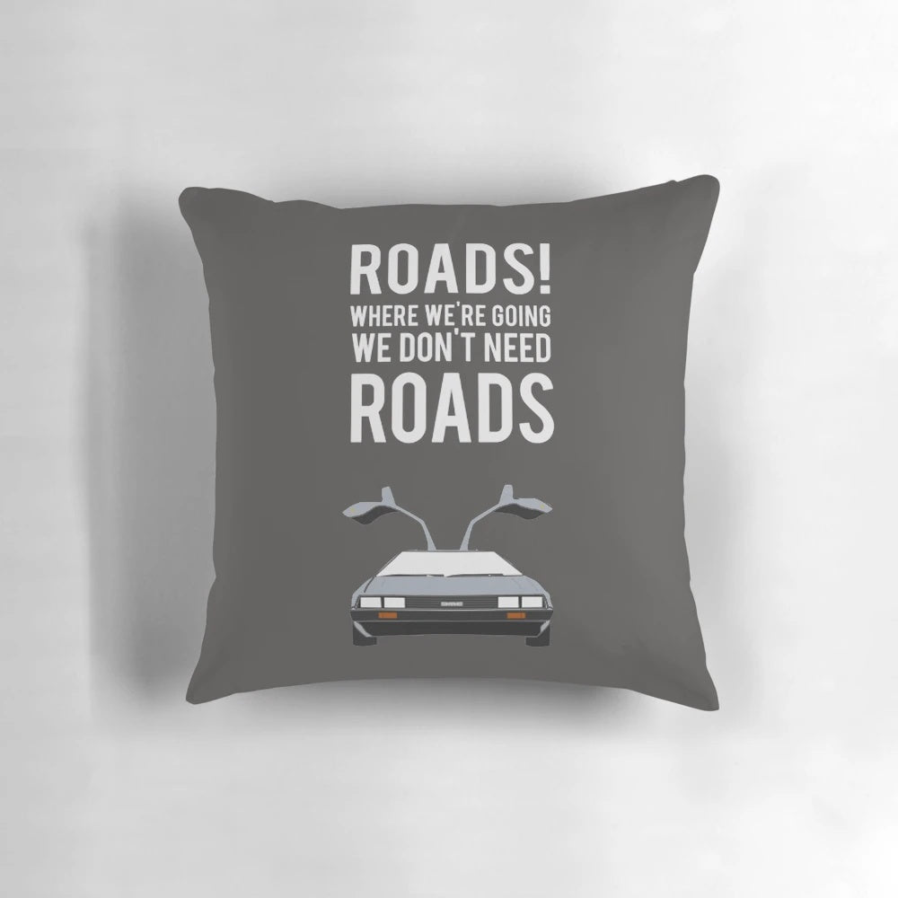 Decorative throw pillow with Back to the Future movie-inspired design