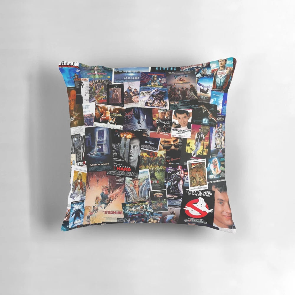 A cozy pillow featuring a collage of iconic 1980s movie posters