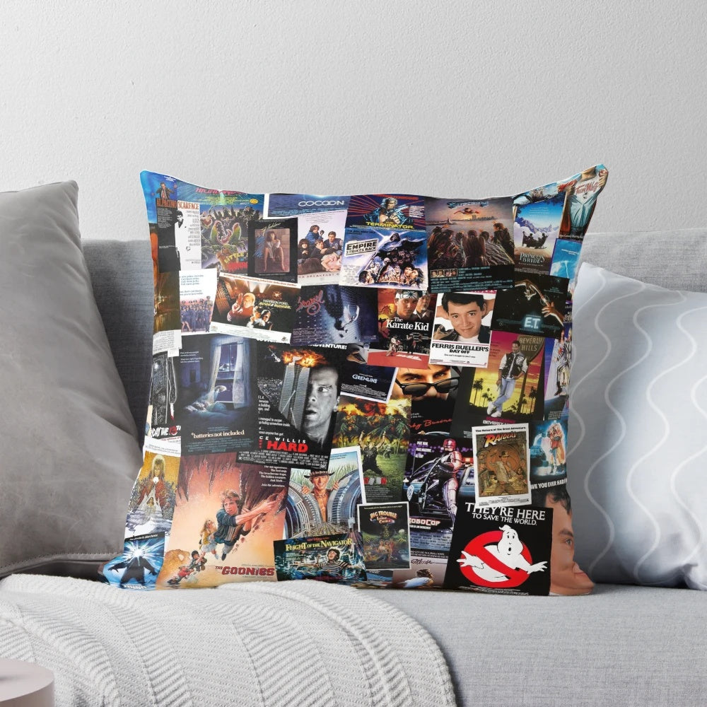 A cozy pillow featuring a collage of iconic 1980s movie posters