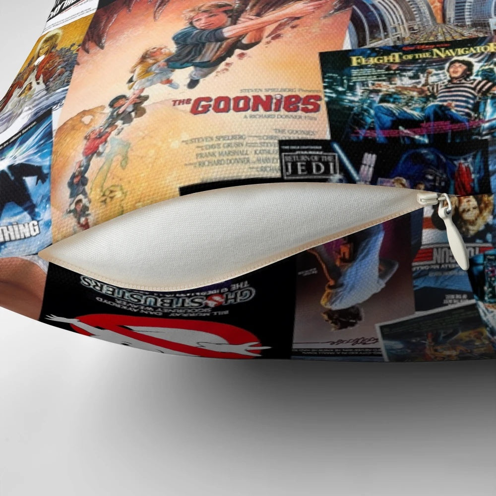 A cozy pillow featuring a collage of iconic 1980s movie posters