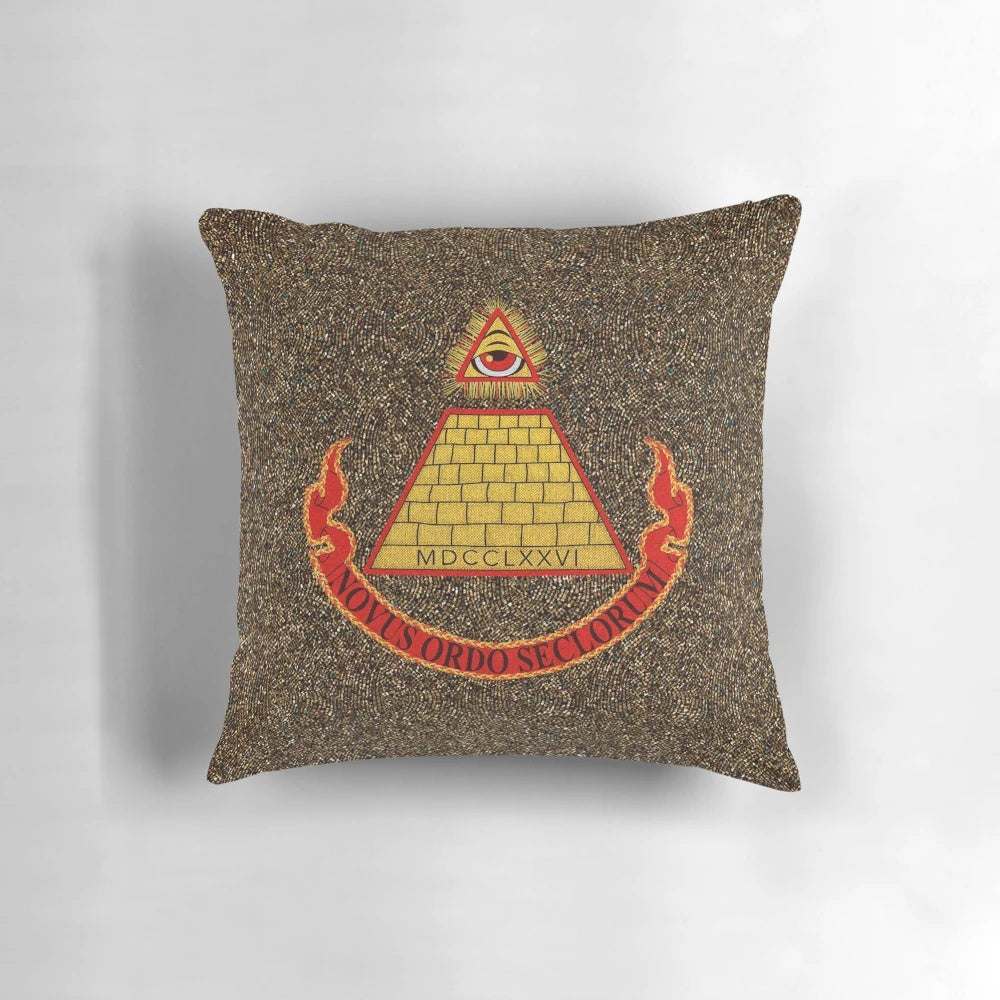Pillow featuring a retro 80s movie inspired design with a pyramid graphic and the text "Desperately Seeking Susan"