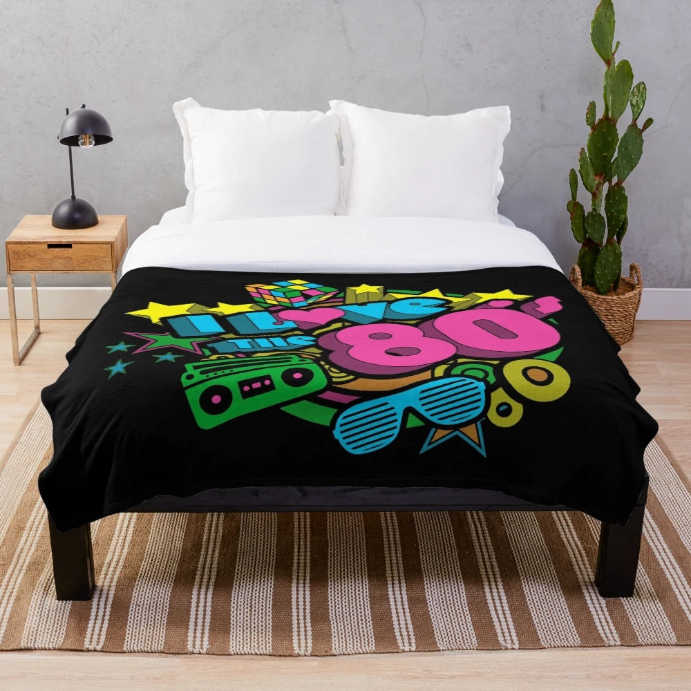 Retro 80s plush blanket with vibrant throwback pattern