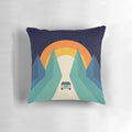 Retro 80s-style geometric and rainbow patterned pillow, perfect for road trips and vacations