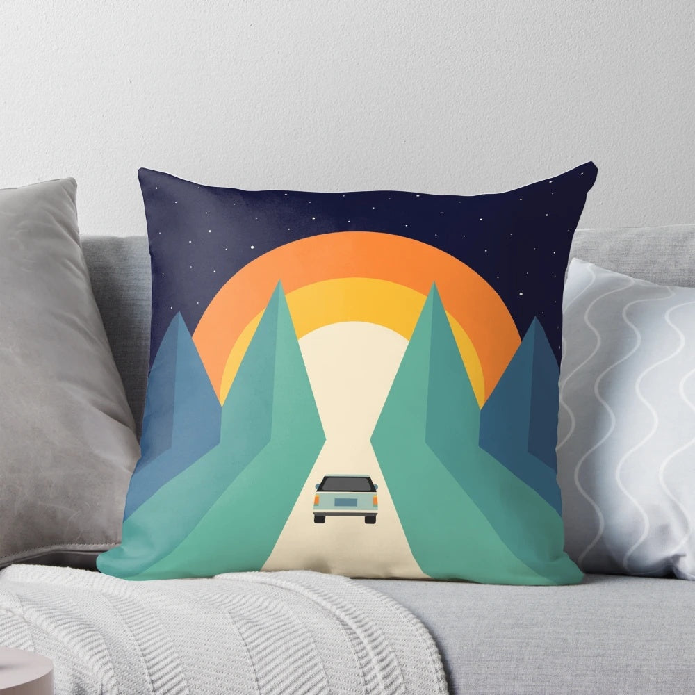 Retro 80s-style geometric and rainbow patterned pillow, perfect for road trips and vacations