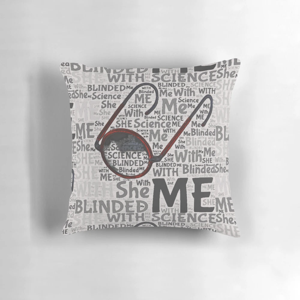 Vibrant retro 80s science-themed pillow with bold graphics and colors