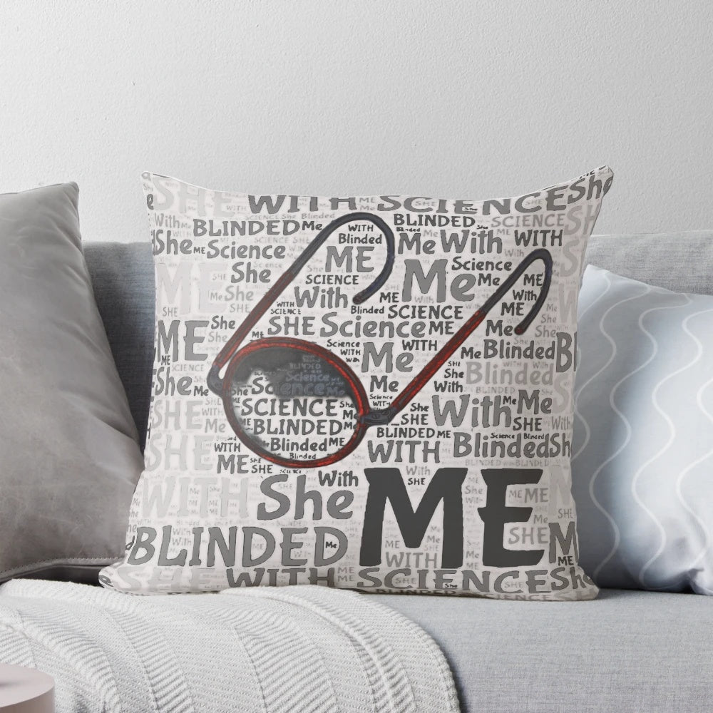 Vibrant retro 80s science-themed pillow with bold graphics and colors