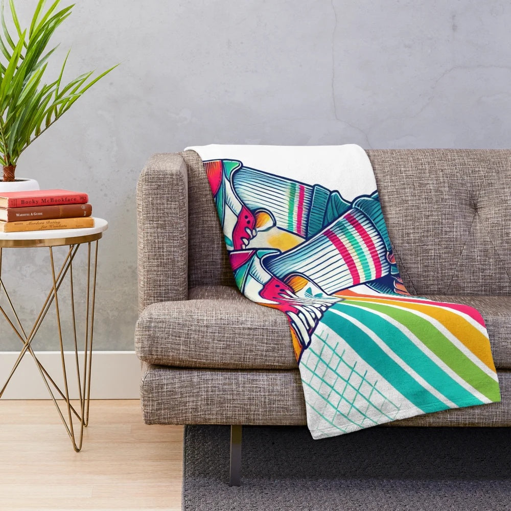 Colorful plush blanket featuring a retro 80s sneaker design