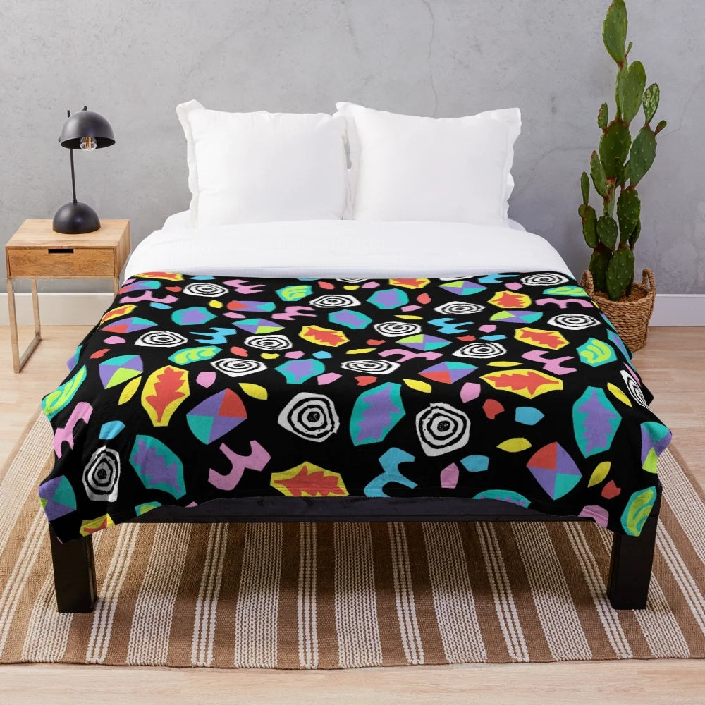 Retro 80s Starcourt Mall plush blanket with abstract neon design