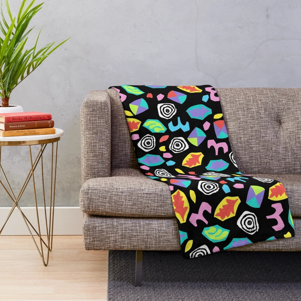 Retro 80s Starcourt Mall plush blanket with abstract neon design