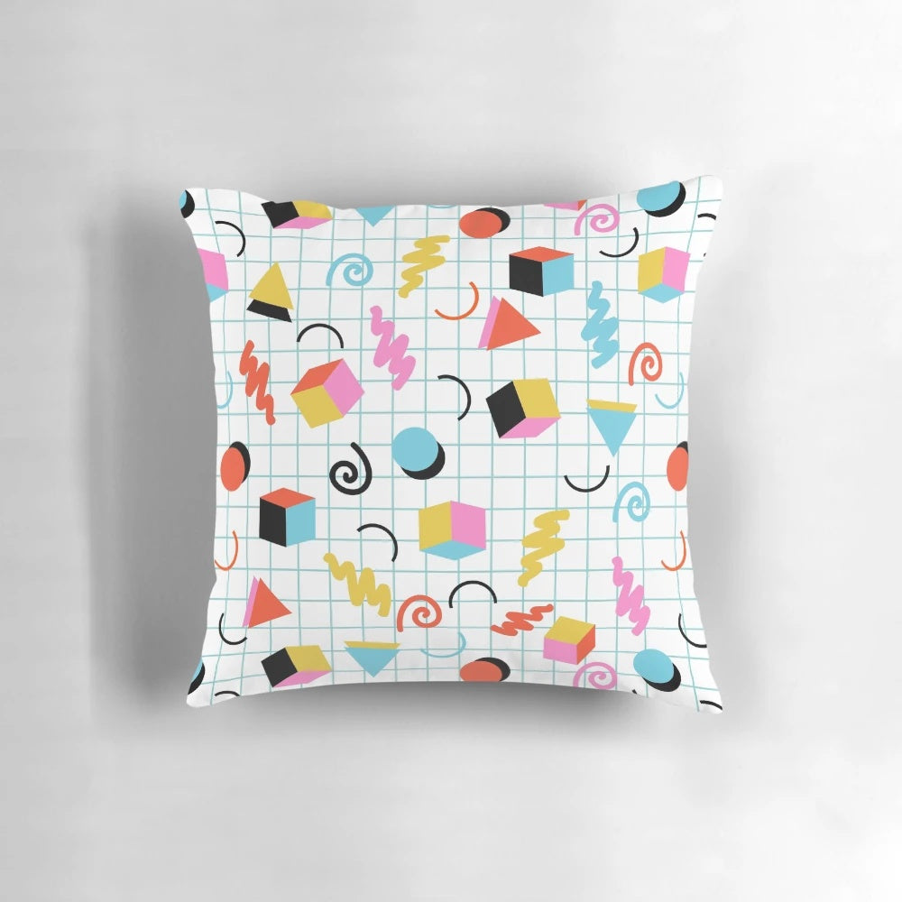 Retro 80s style 1980's vibes geometric memphis pattern pillow
