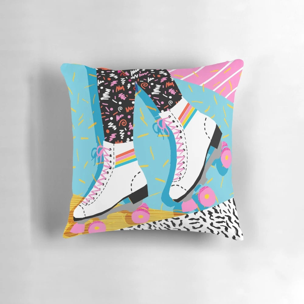 Retro 80s style neon pillow with rollerskating and Memphis design elements