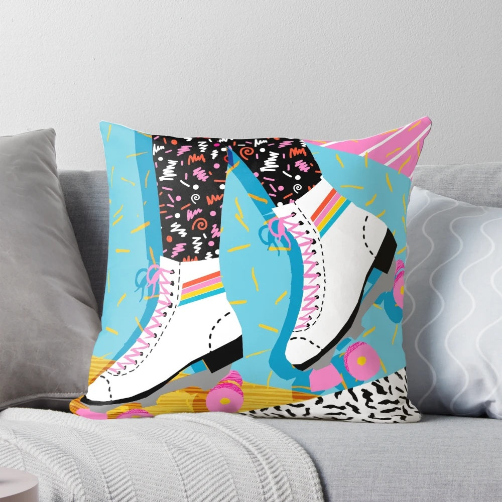 Retro 80s style neon pillow with rollerskating and Memphis design elements