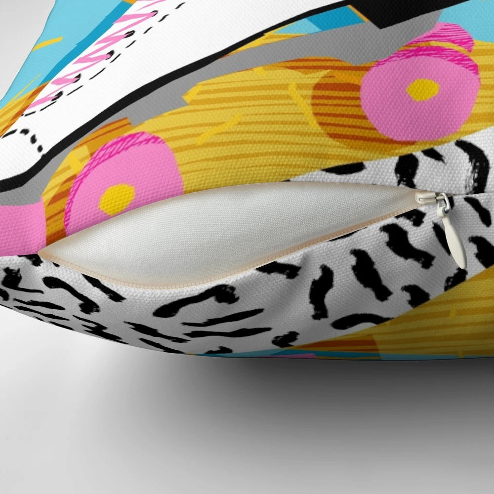 Retro 80s style neon pillow with rollerskating and Memphis design elements
