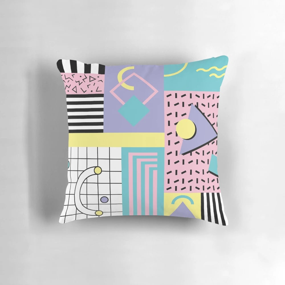 Colorful Memphis pattern decorative throw pillow with retro 90s and 80s inspired design