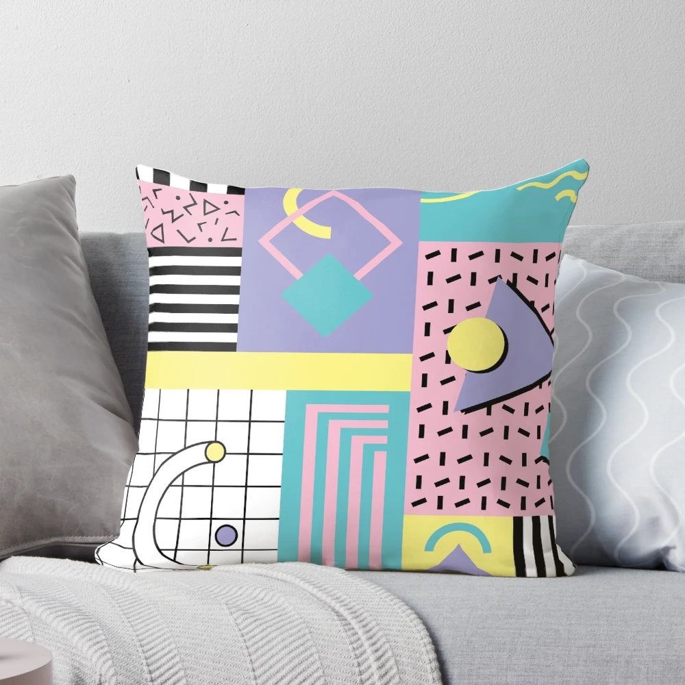 Colorful Memphis pattern decorative throw pillow with retro 90s and 80s inspired design