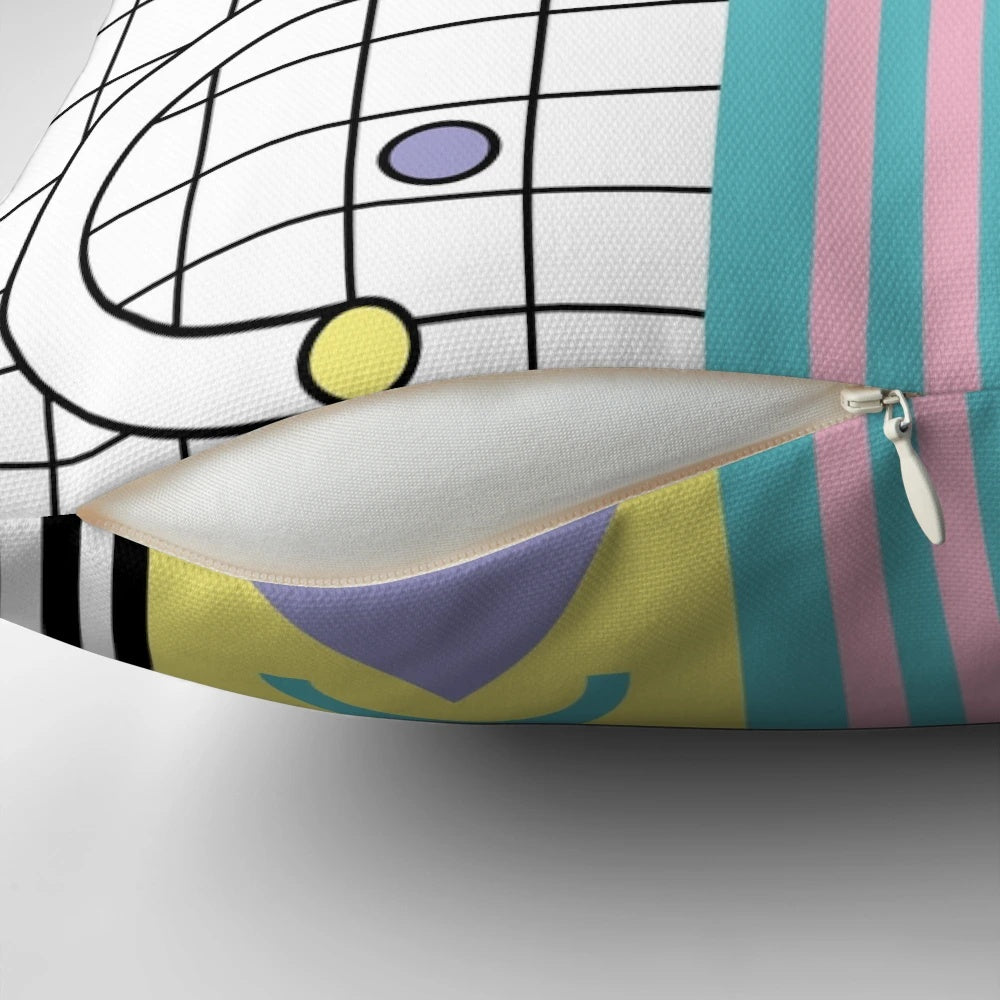 Colorful Memphis pattern decorative throw pillow with retro 90s and 80s inspired design