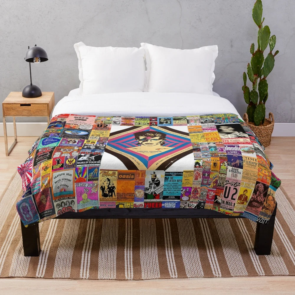 90s collage band plush blanket with vintage music elements