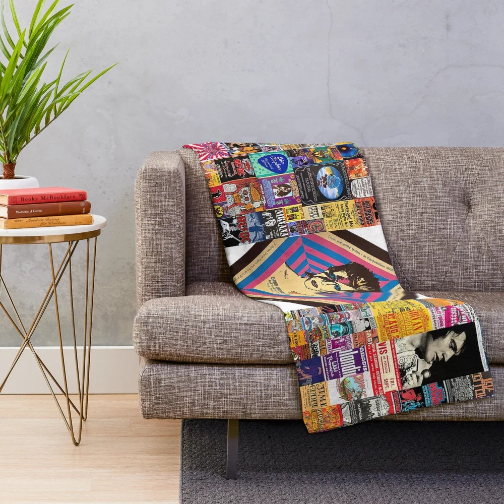 90s collage band plush blanket with vintage music elements
