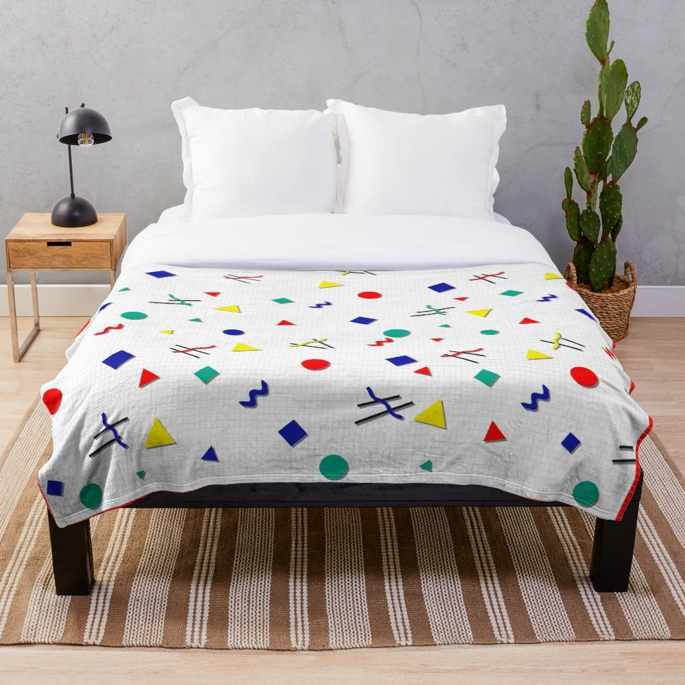 Soft, plush 90s-inspired blanket with colorful geometric squiggle pattern