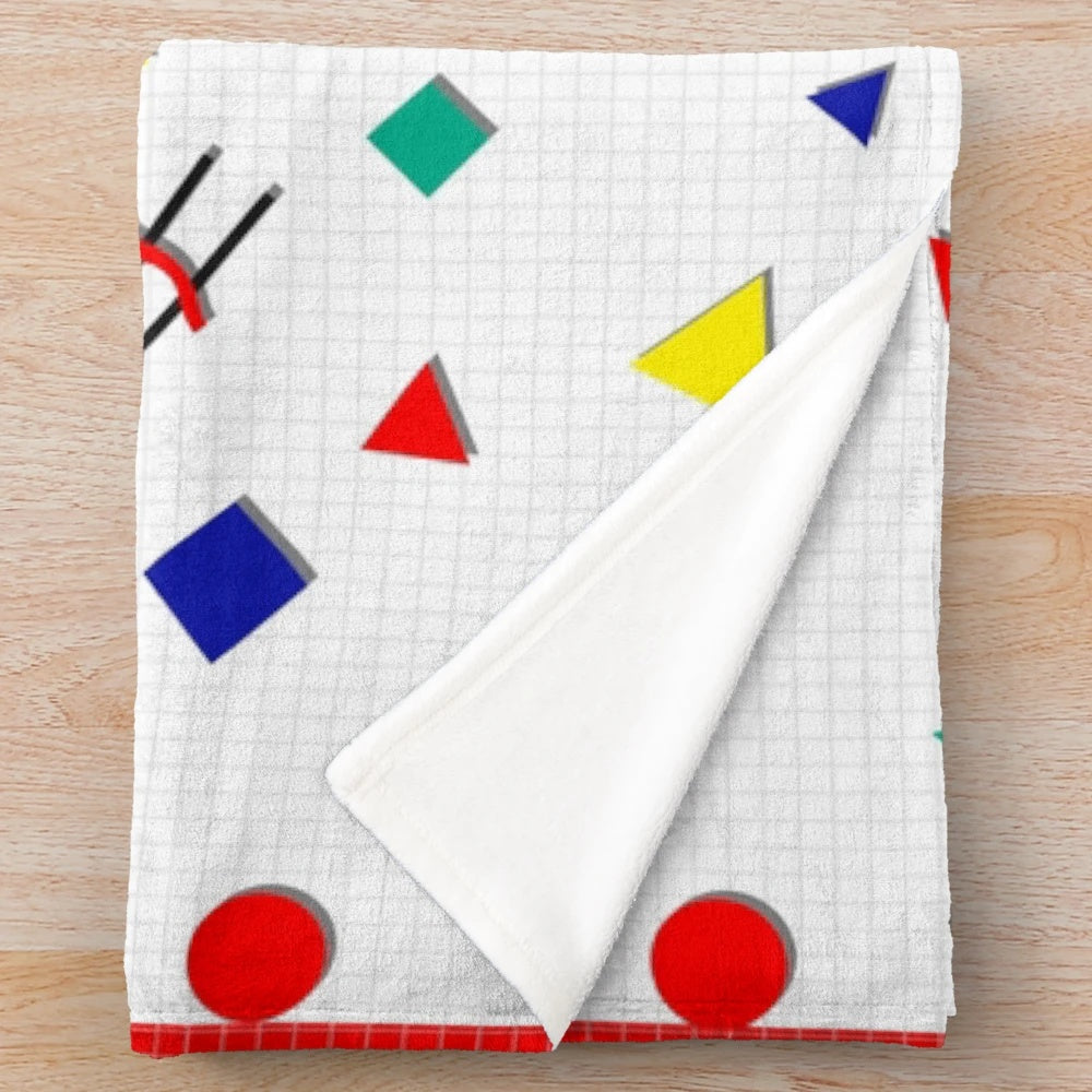 Soft, plush 90s-inspired blanket with colorful geometric squiggle pattern
