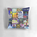 Vintage-style 90s rave flyer-inspired throw pillow with neon colors and geometric patterns